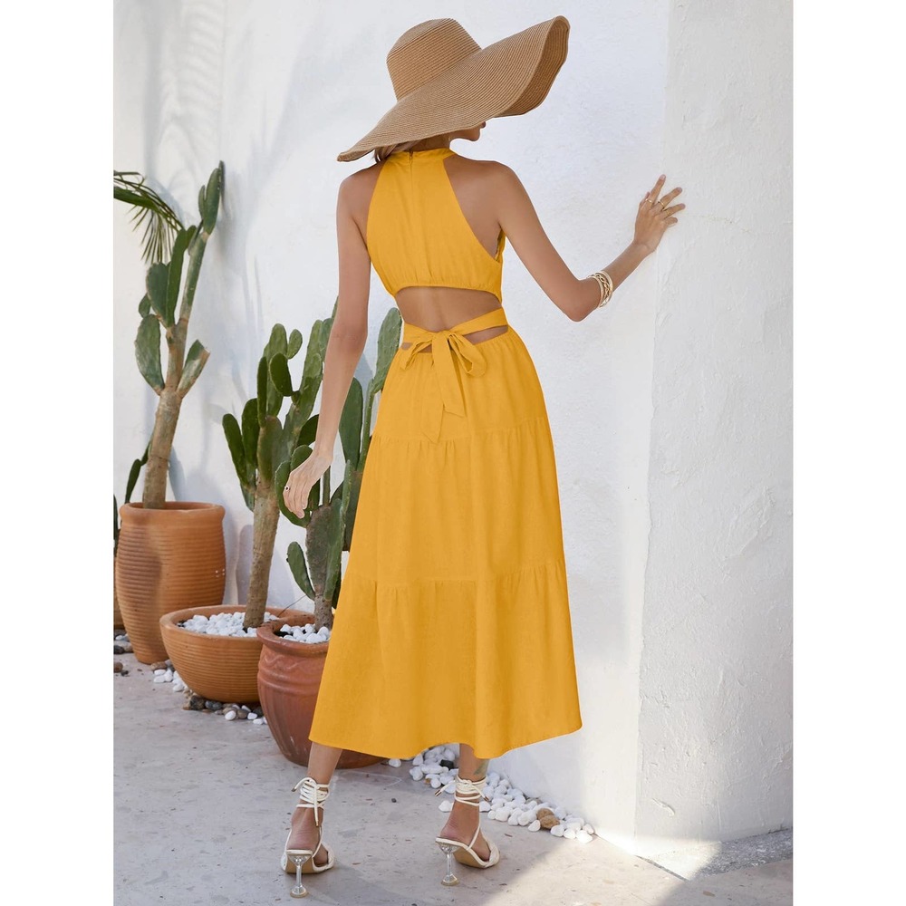 boho Solid Layered Hem Halter Neck Cut Out Waist maxi Dress - Picture 11 of 11